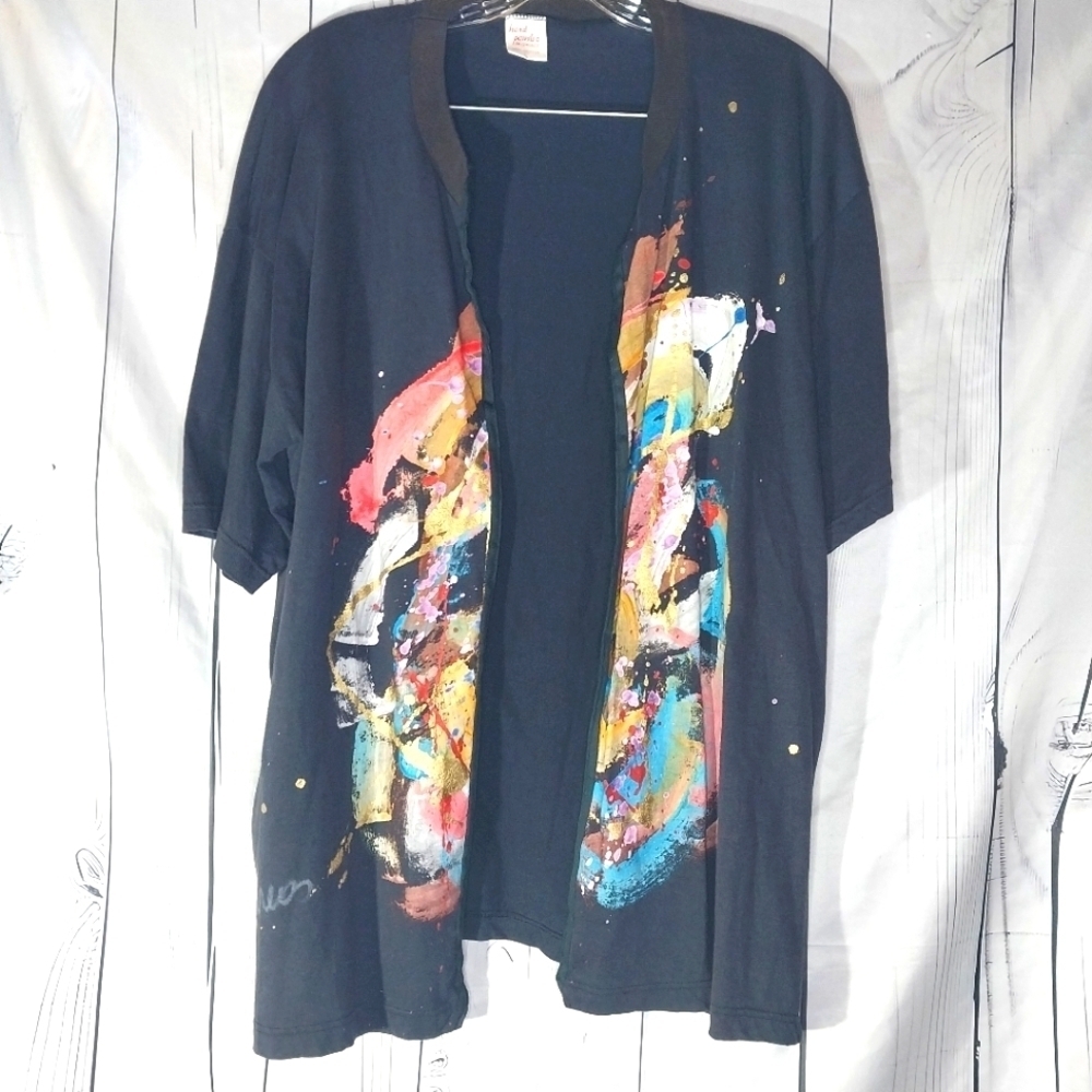 Abstract Art 100% Cotton Boho Artsy Hand Painted In Greece Size L Open Cardigan